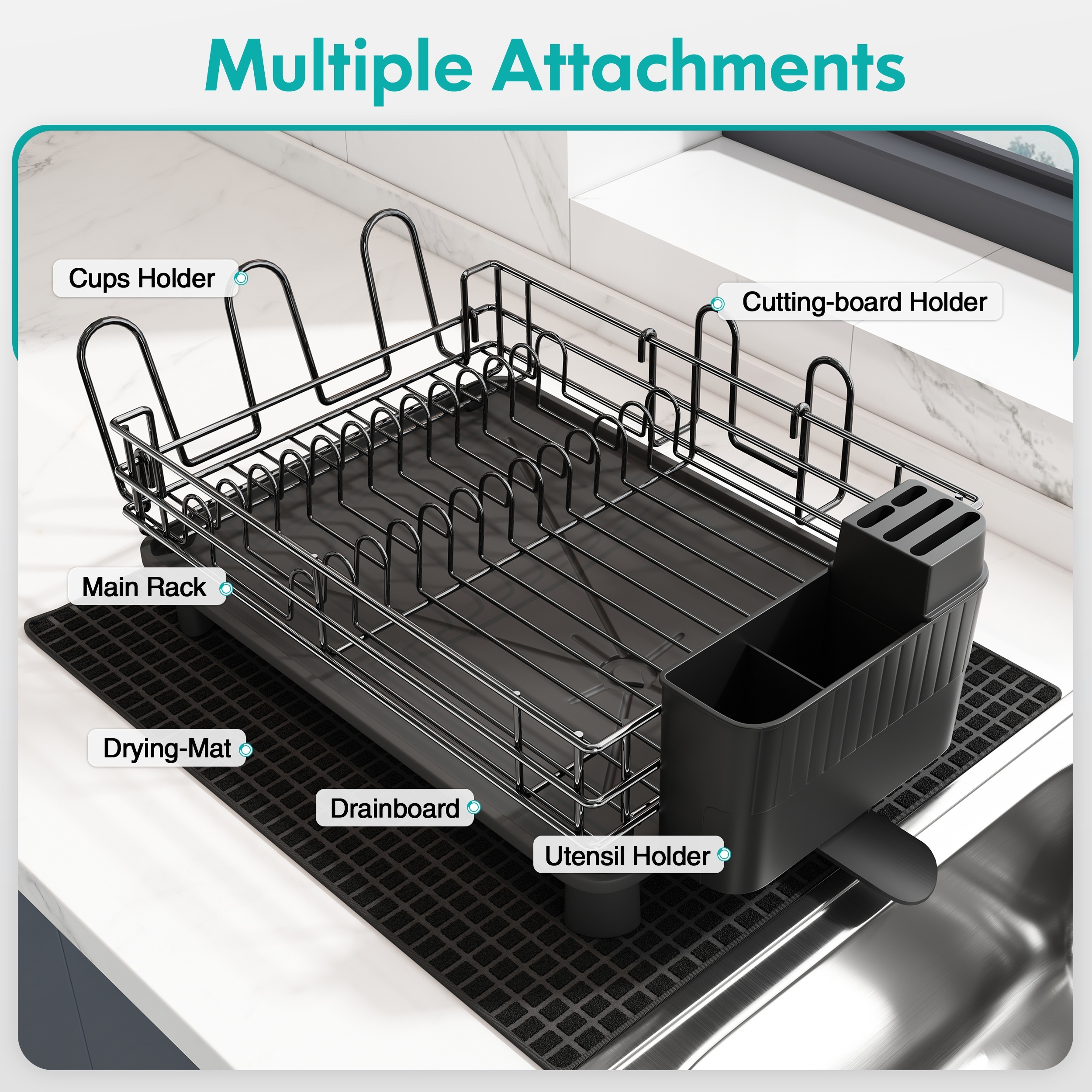 Dish Drying Rack for Kitchen Counter, MAJALIS 2 Tier Large Dish Drainers  with Drainboard Set and Utensil Holder, Dish Dryer Strainer (Black,  Stainless Steel) 