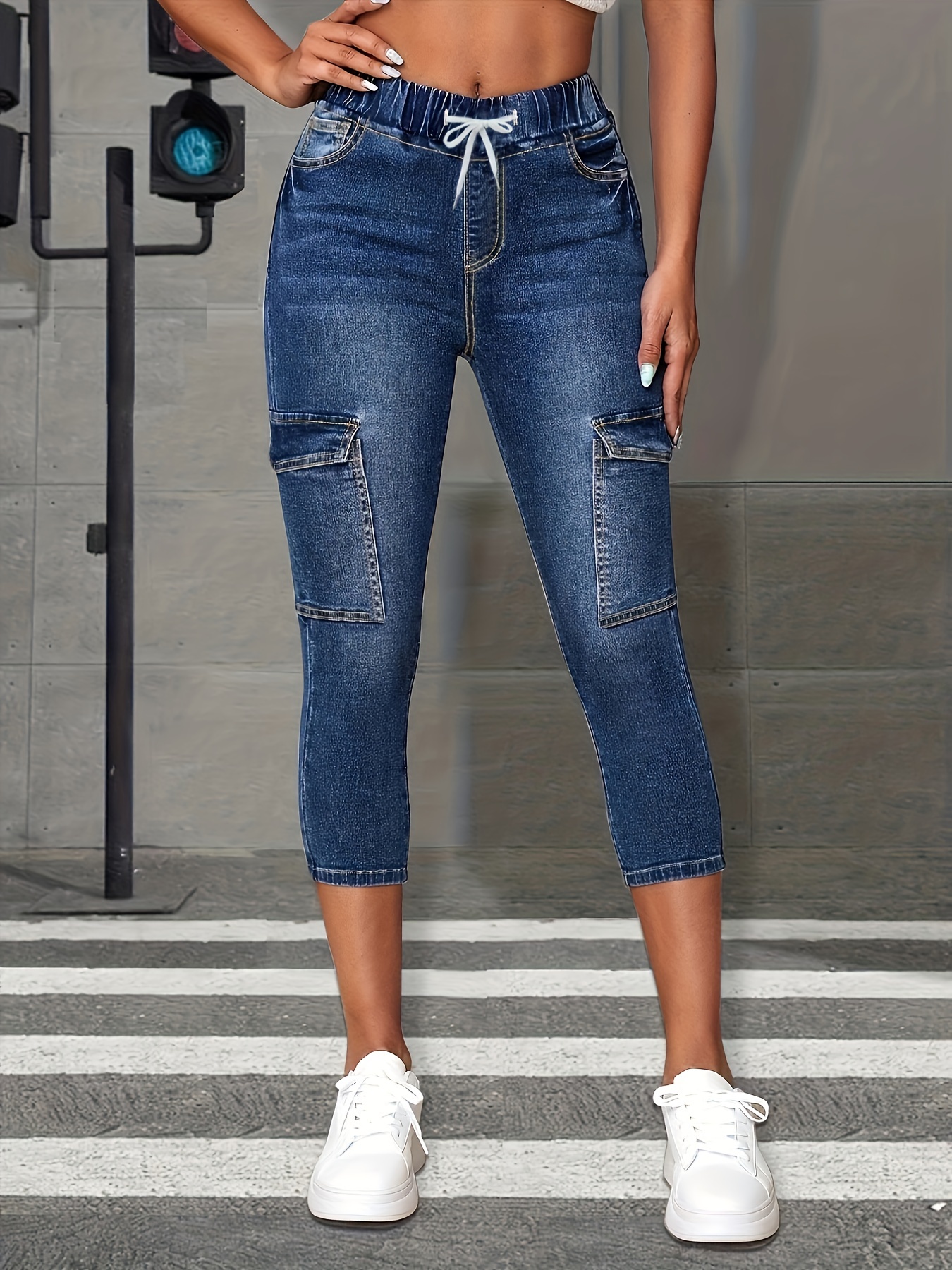 Conshvi Women's High Waisted Capris Jeans Trendy Skinny Stretch Capri Jeans  Elastic Waist Drawstring Denim Capris Pants, Blue, Small at  Women's  Jeans store