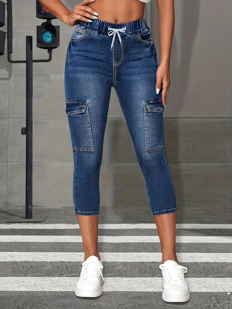 Blue Flap Pockets Capris Cargo Pants, Slim Fit High-Stretch Drawstring  Elastic Waist Jeans, Women's Denim Jeans & Clothing