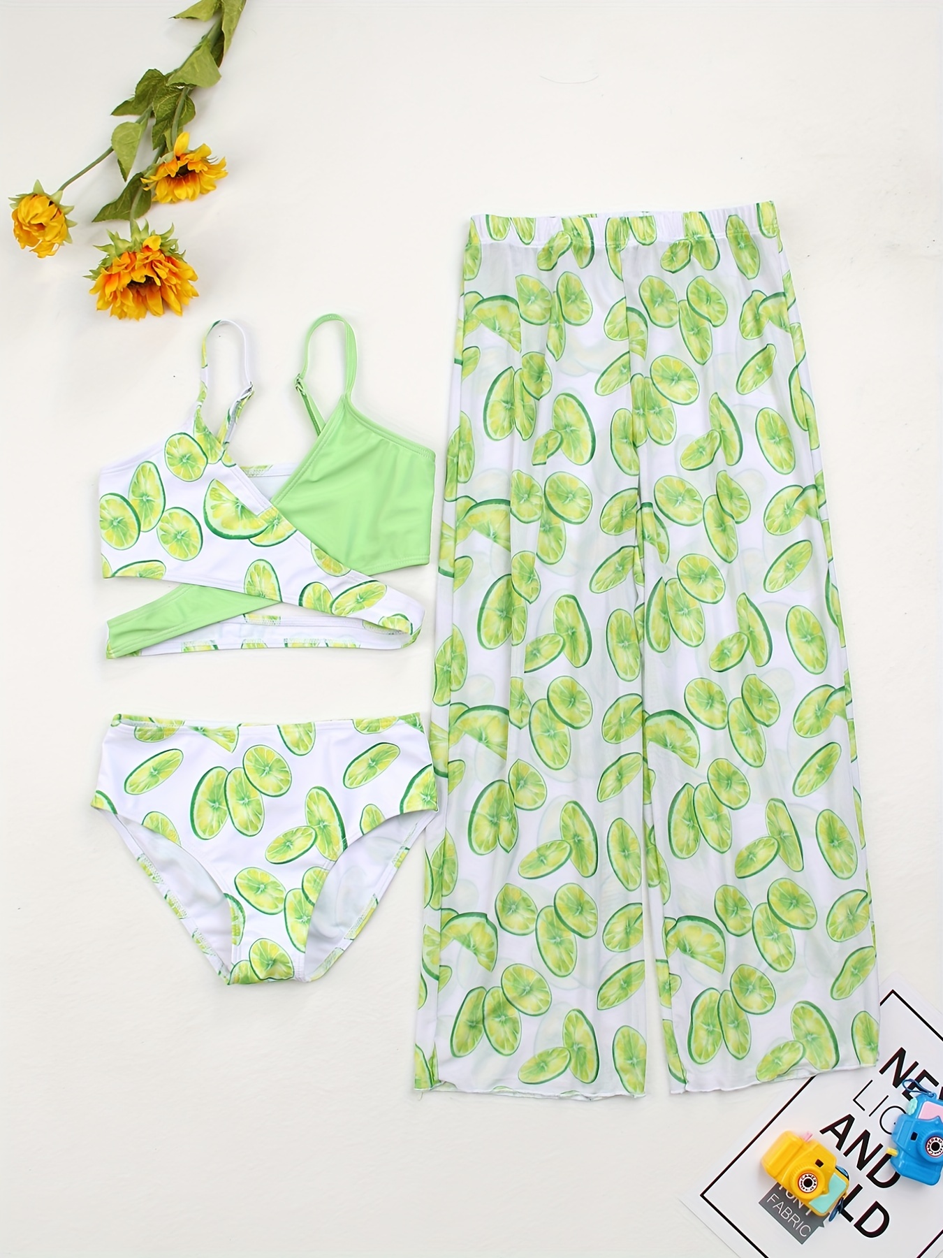 3pcs Girls Bikini Tankini Swimsuit Palm Tree Graphic Cami Top & Triangle  Swim Bottoms & Shorts Set Kids Summer Beach Clothes Bathing Suits