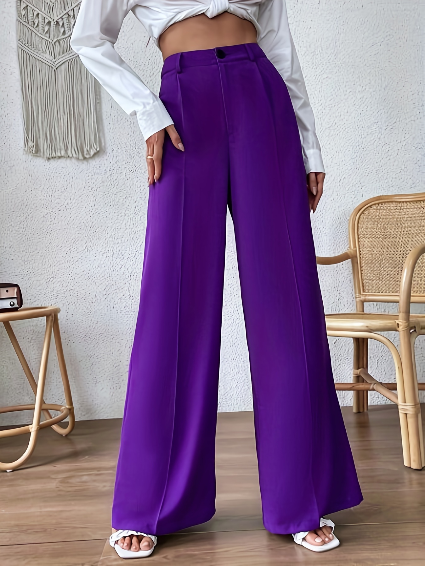 Long Pants For Women Women's Spring Purple Casual Elastic High Waist Flared Pants  Trousers Purple M JE 