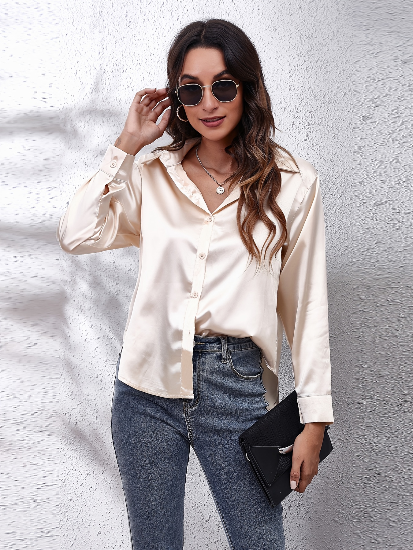 Solid Color Long Sleeve Button Down Tops, Business Casual Blouses For All  Seasons, Women's Clothing