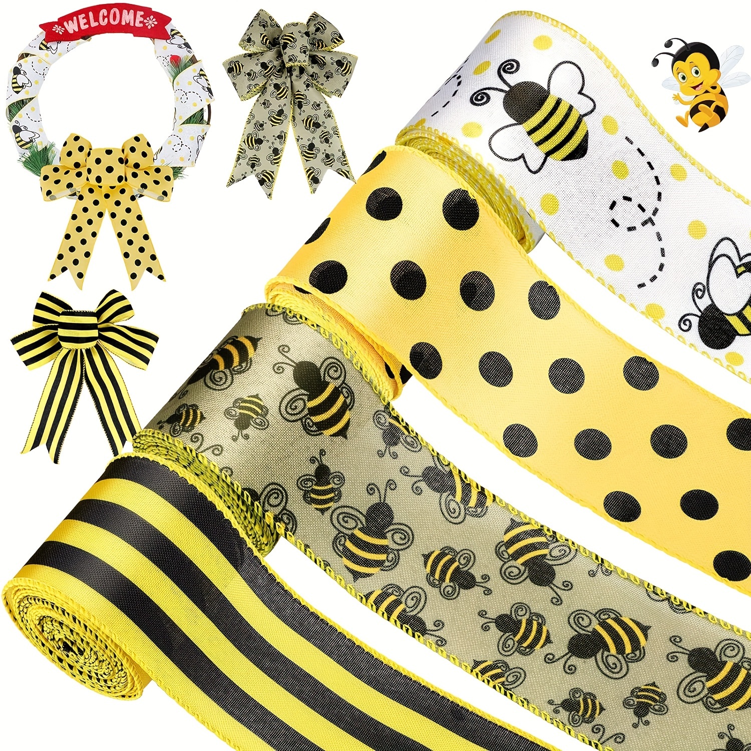 Bee Ribbon Bee Wired Edge Ribbons, Bumble Honey Bee Gnome Dot Yellow Wreath  Ribbon Summer Teachers' Day Easter Sewing DIY Craft Bee Fabric Burlap