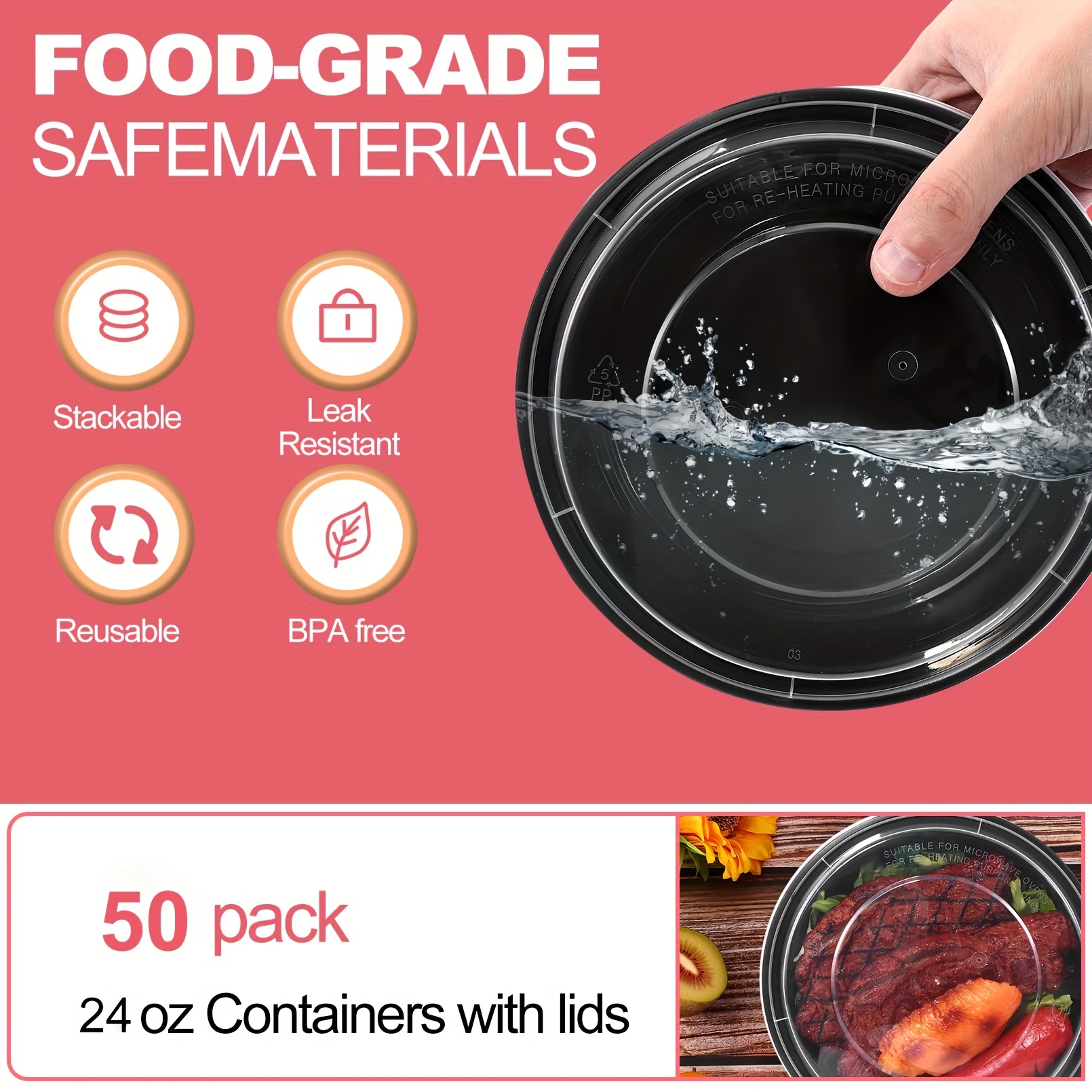 50 Pack (26 Ounce). Meal Prep Food Containers with Lids, Reusable  Microwavable