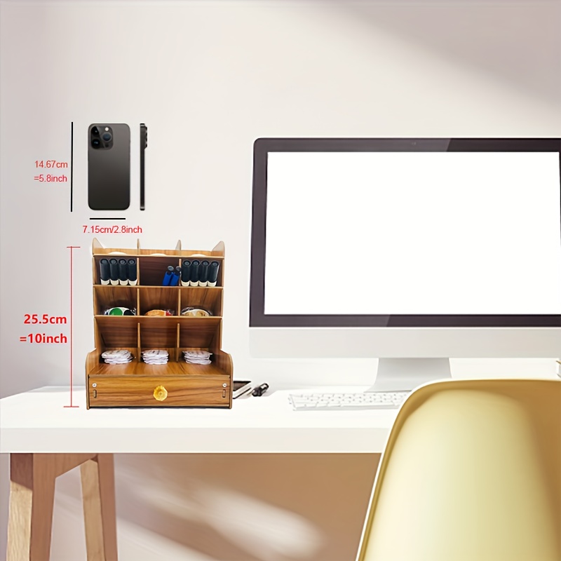 Organizador de escritorio de madera, multifuncional, soporte para  bolígrafos, caja de almacenamiento estacionario de escritorio para el  hogar, la