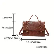 retro rivet decor handbag literary pu leather crossbody bag simple large capacity briefcase bag details 2