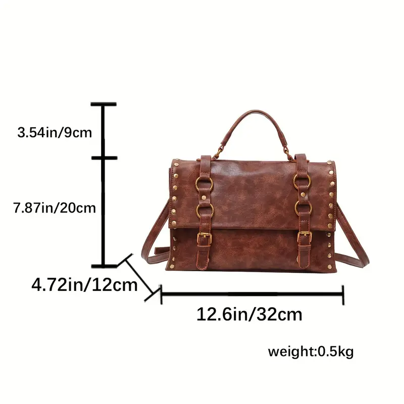 retro rivet decor handbag literary pu leather crossbody bag simple large capacity briefcase bag details 2