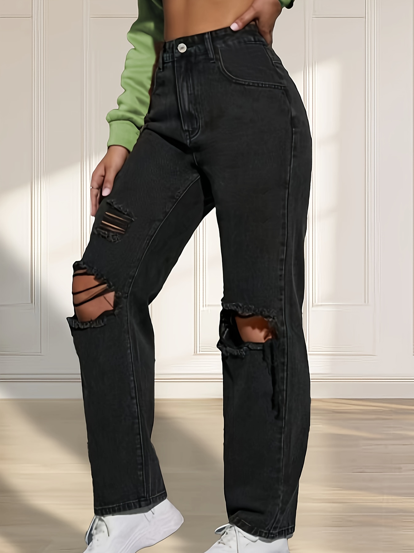 Ripped Black High Strech Slim Fit Jeans, Distressed Slant Pockets High Rise  Denim Pants, Women's Denim & Clothing