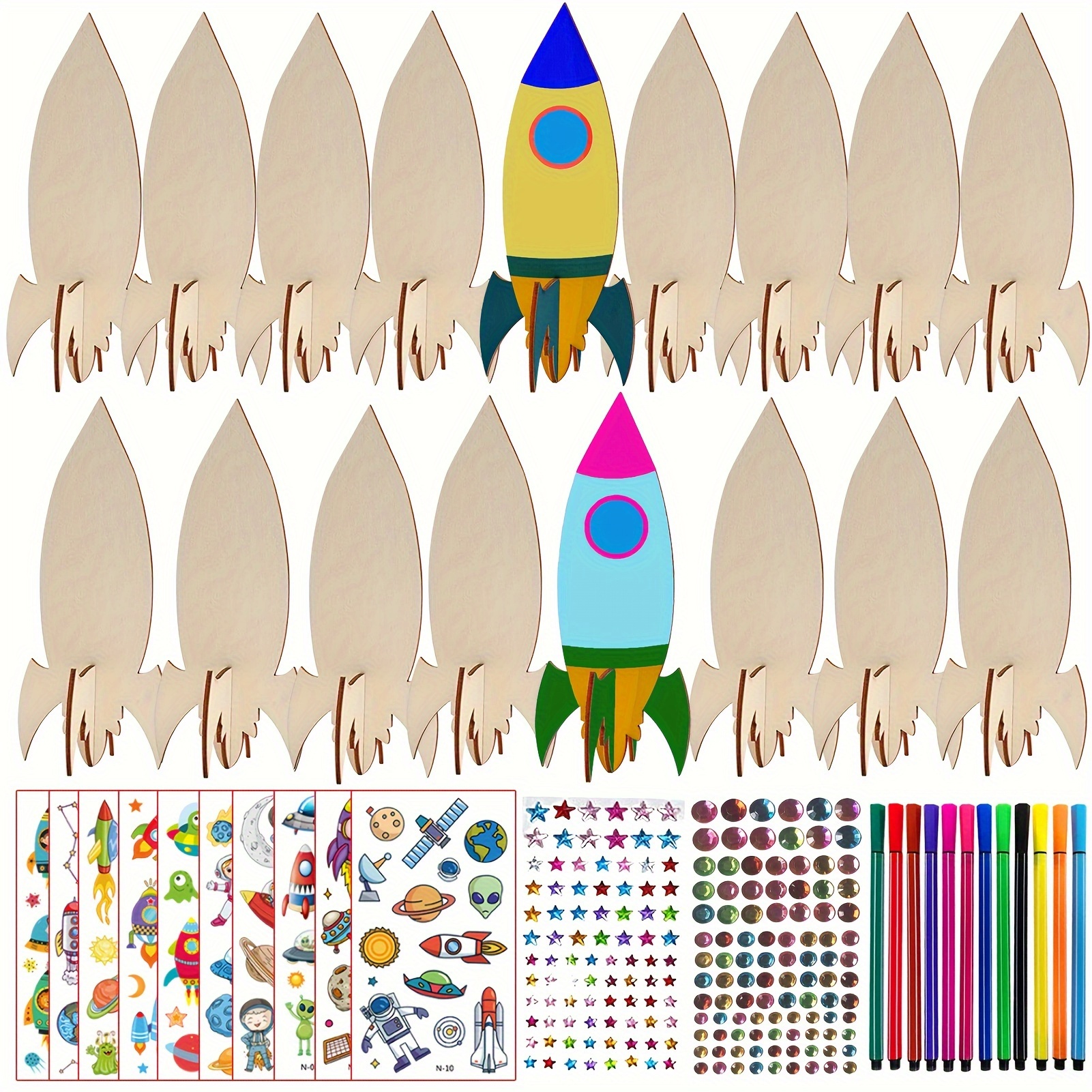 

231pcs Rocket Wood Crafts Set, Rocket Toys, Birthday Crafts, Including 15pcs Rocket Wood, 202pcs Rhinestones, 12 Colored Pencils, 2 Stickers, Diy Crafts
