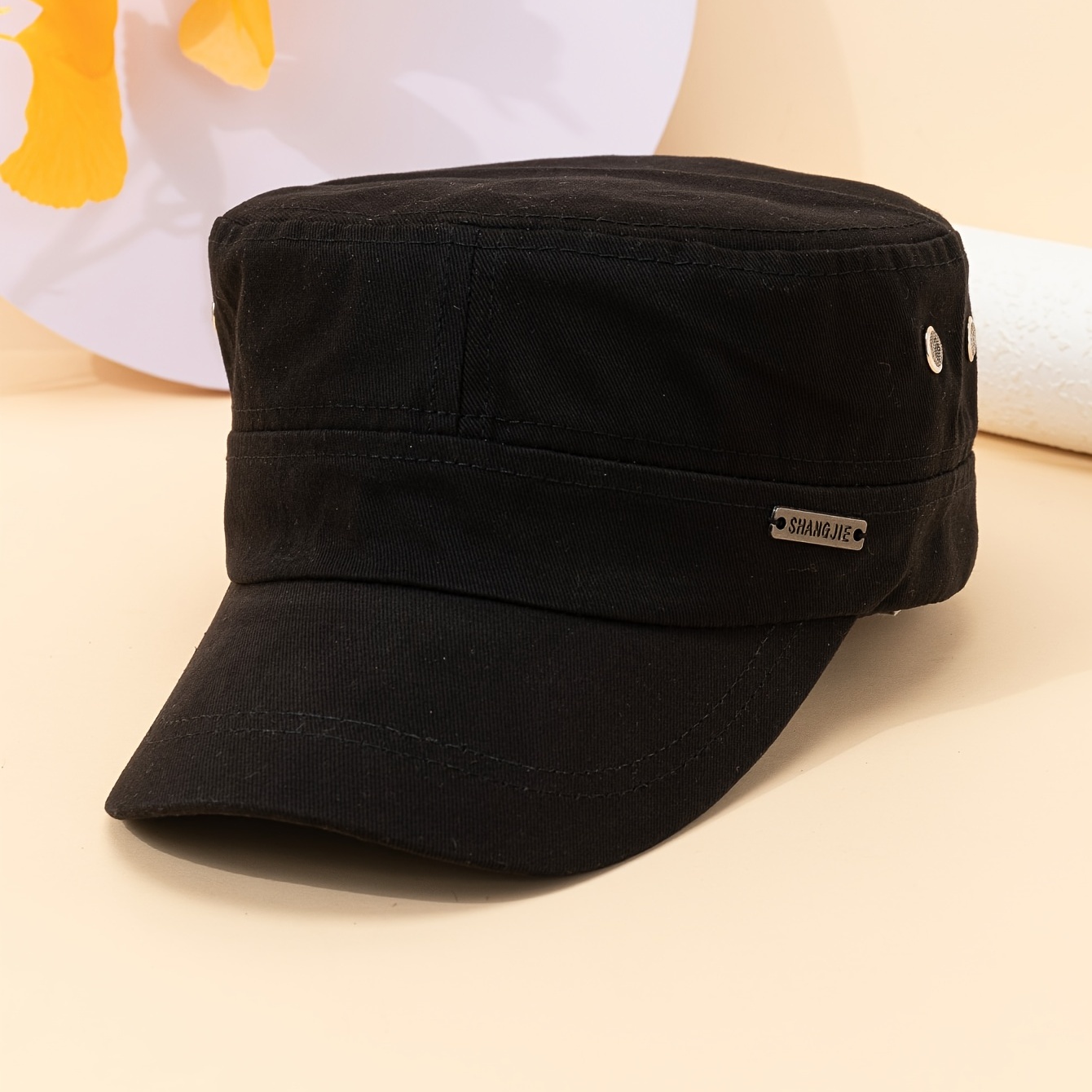 Black Cotton Adjustable Baseball Cap Metal Logo Patch Casual Sun Hat Lightweight Biker Hats For Women