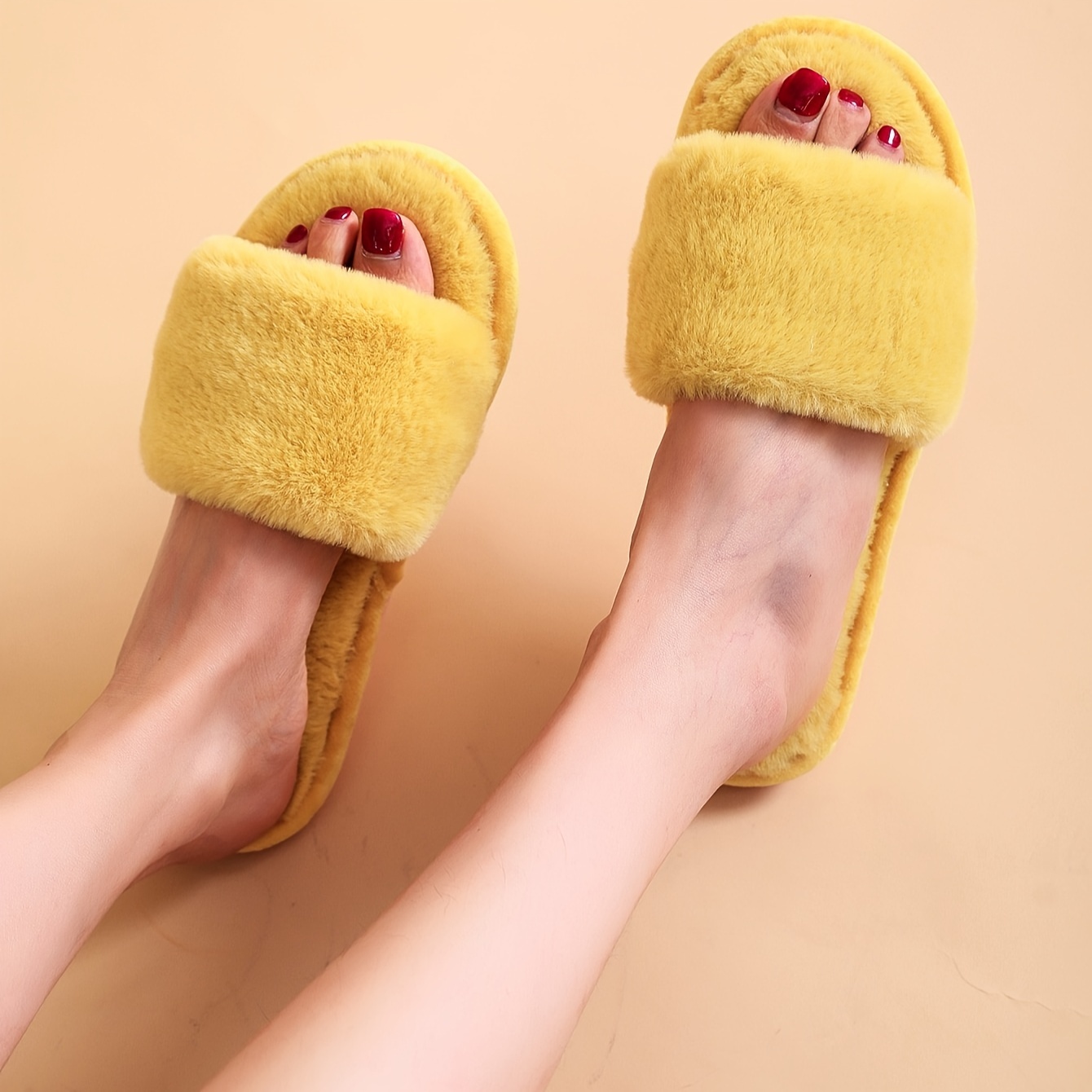 Fluffy discount yellow slippers