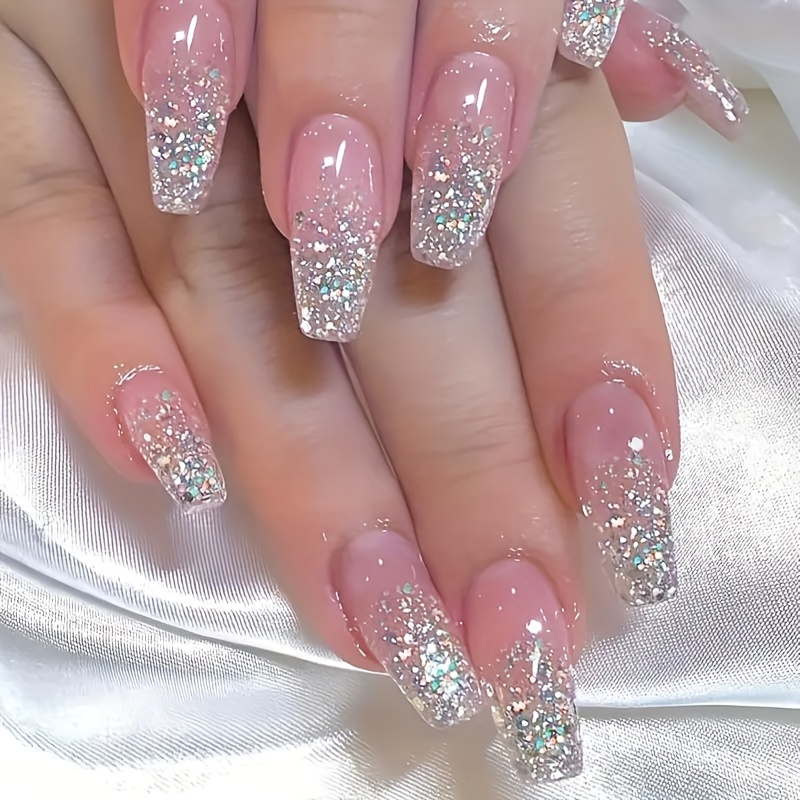 

24pcs Glossy Long Ballerina Fake Nails, Pinkish Press On Nails With Silvery Shiny Sequin Design, Sparkling Full Cover False Nails For Women Girls