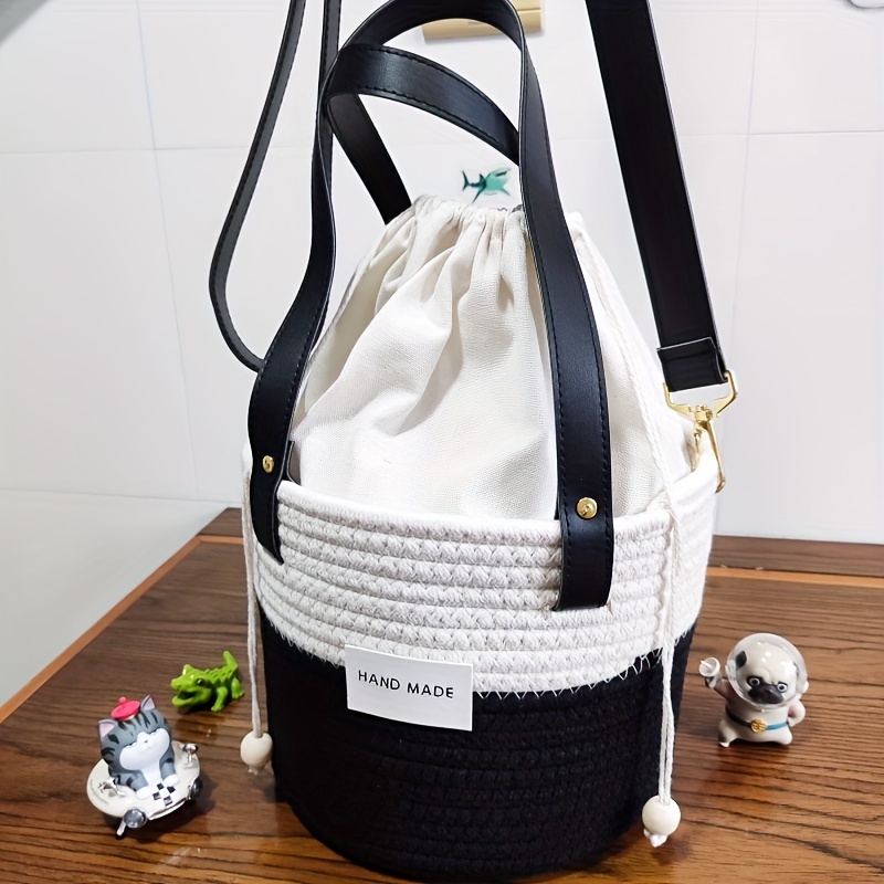 Colorblock Straw Bucket Bag Crossbody Drawstring Purse