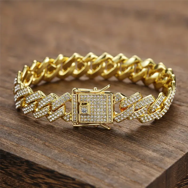 1pc faux diamonds inlaid bling cuban chain bracelet rhinestone zircon bracelets for men women casual wedding holiday jewelry details 1