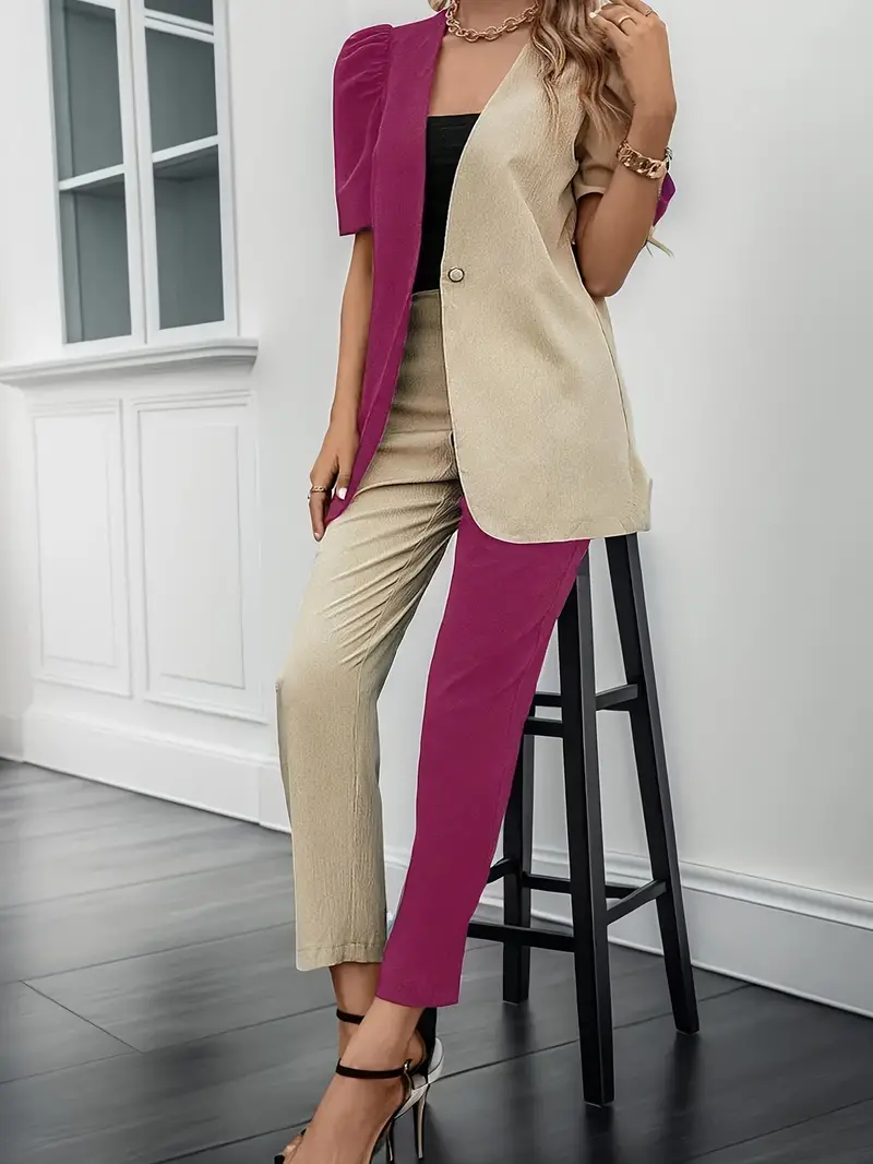 Color Block Two-piece Set, Casual Short Sleeve Button Front Blazer & High  Waist Pants Outfits, Women's Clothing, Shop On Temu And Start Saving