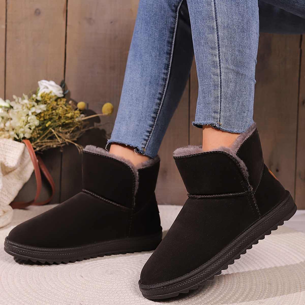 Women's Faux Fur Lined Snow Boots, Winter Thermal Slip On Ankle Boots,  Outdoor Keep Warm Flat Short Boots - Temu United Arab Emirates