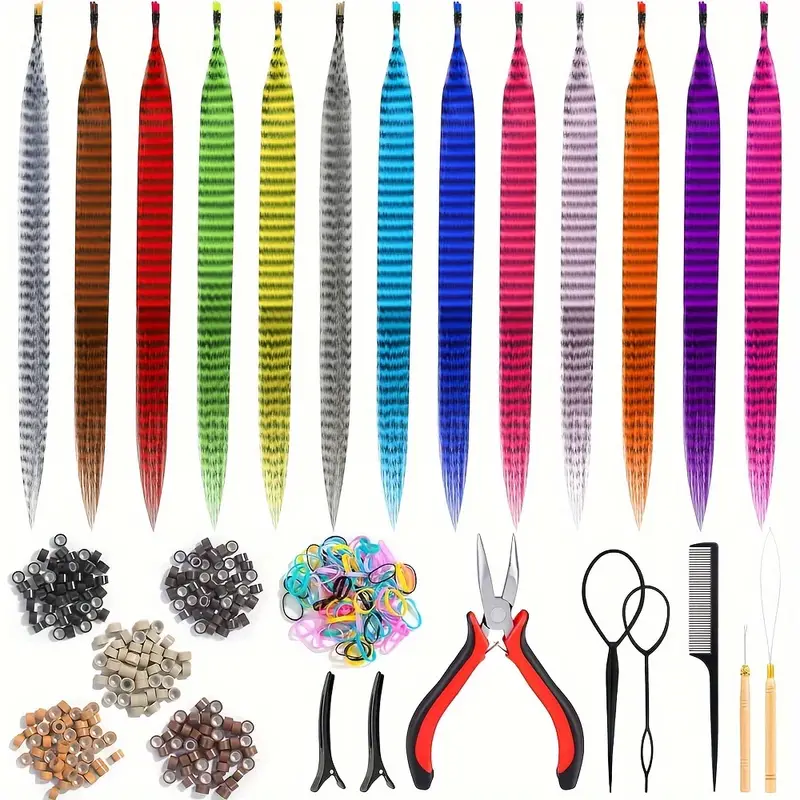 23 Pieces Strands Tinsel Hair 65 Pieces 13 Colors Synthetic Hair Feathers Hair Extension Kit with 200 Micro Ring Beads Glitter Hair Tinsels for