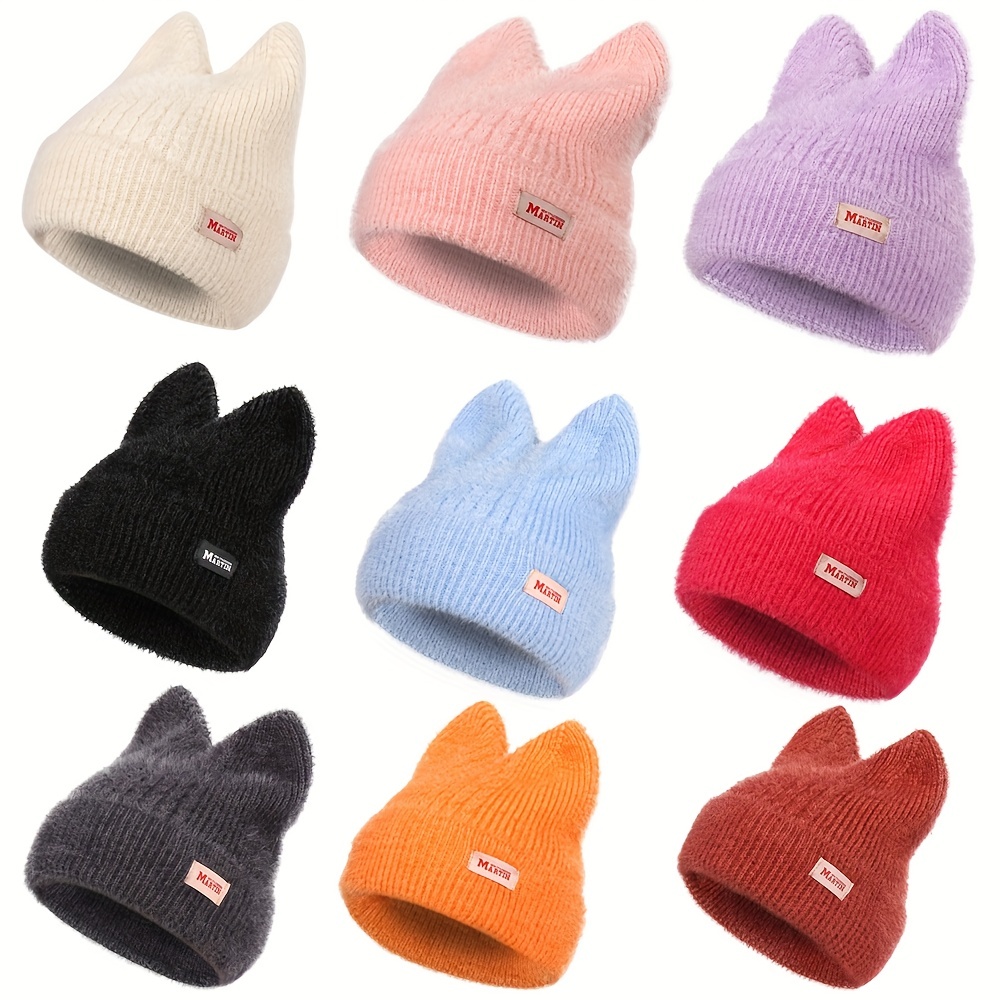 

Candy Color Cat Beanie With Ears Lightweight Elastic Skull Trendy Elastic Beanies Warm Knit Hats For Women Autumn & Winter