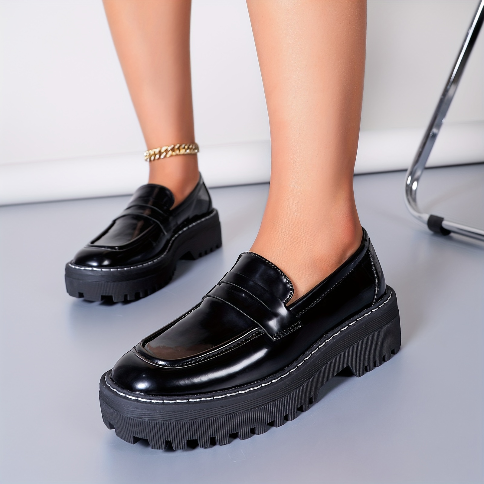 Women s Platform Loafers Solid Color Square Toe Slip Shoes - Temu 