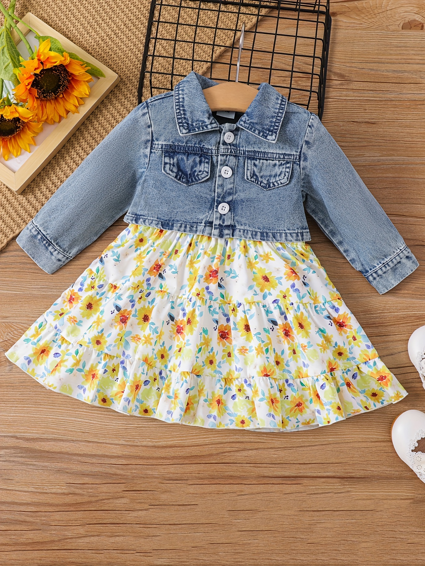 Baby Girl Imitation Denim Blue/White Floral Print Flutter-sleeve Button Dress