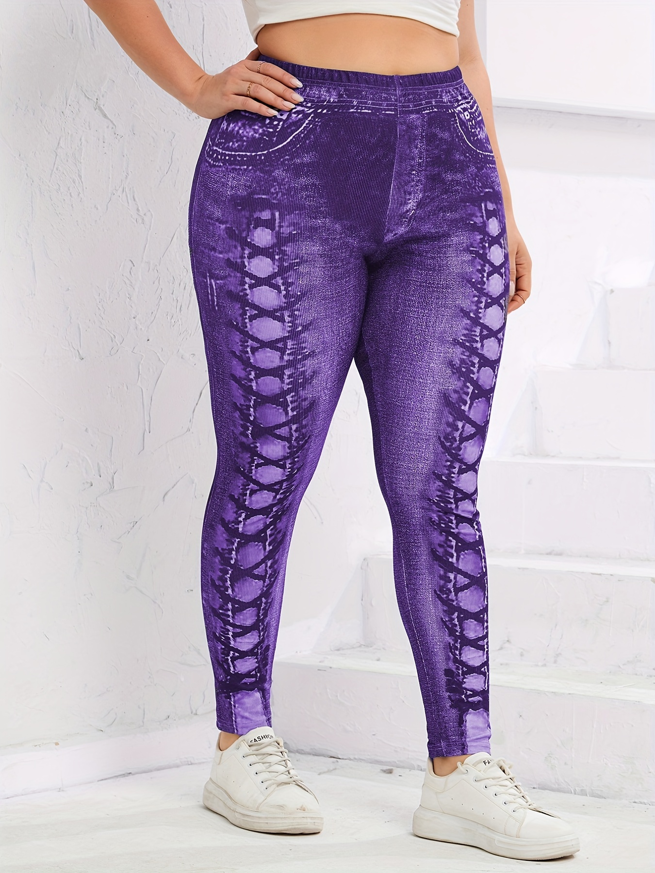 Plus Size Denim Print 3d Print High Stretch Leggings Women's - Temu