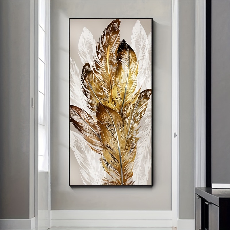 Lienzo grande con marco dorado ligero de plumas doradas, decoración del  hogar, arte abstracto para pared, impresiones artísticas de arte de 39 x 55