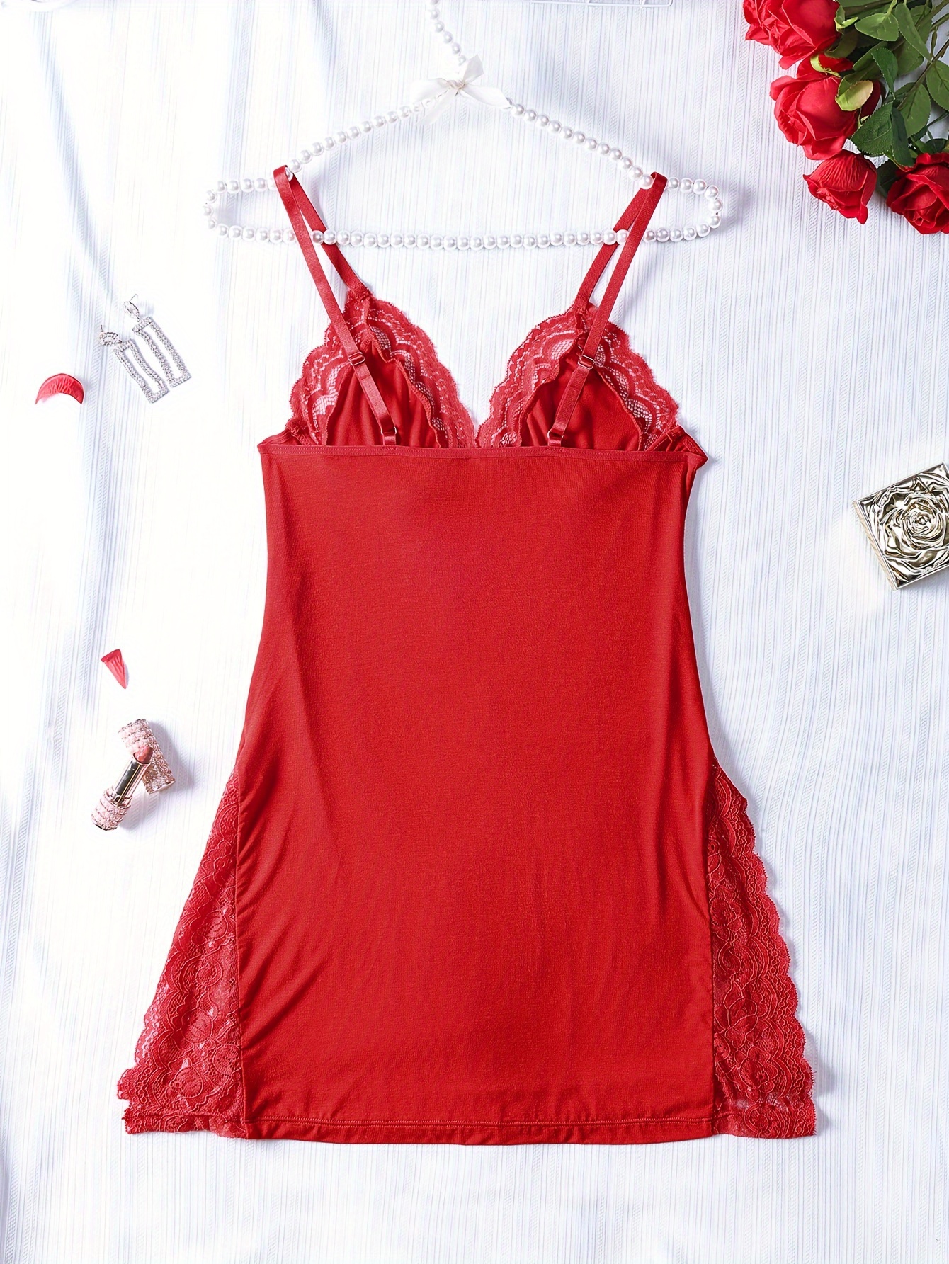 Babydoll Overall Lacy Bralette Dress - Red