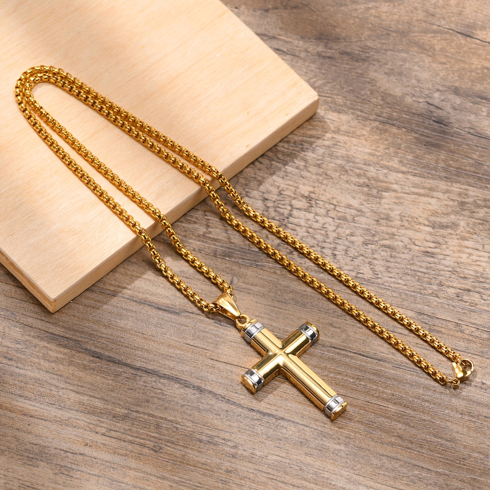 Image of 304 Stainless Steel Polished Golden Cross Pendant Necklace For Men - Modern With Sleek Tapered Bar & Durable Chain, Versatile Everyday Jewelry Gift For Him, Men's Fashion Accessory, Contemporary Style