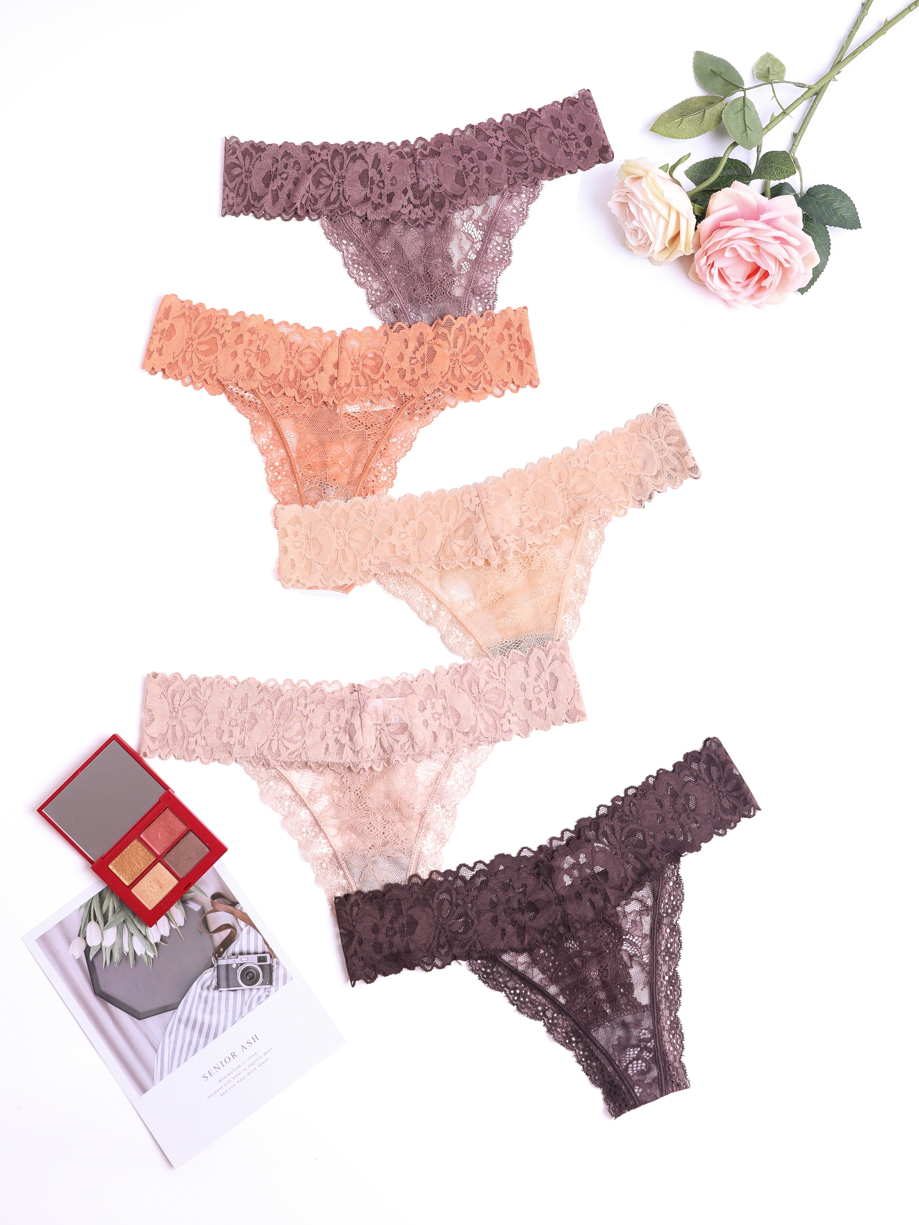 5pcs Floral Lace Thongs, Soft & Comfy Semi-sheer Mesh Panties, Women's  Lingerie & Underwear