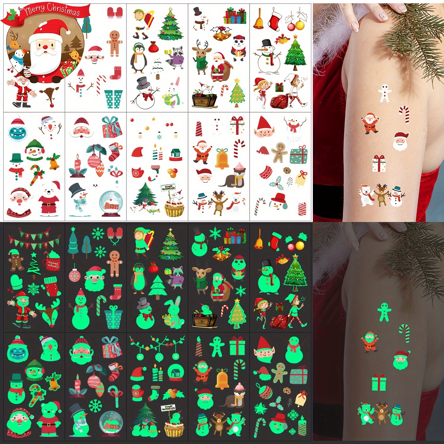 【Merry, Merry Christmas】12 Sheets Christmas Makeup Face Tattoos Stickers  Waterproof Sweet Santa Claus Snowman Makeup Stickers Lovely Face Tattoos For