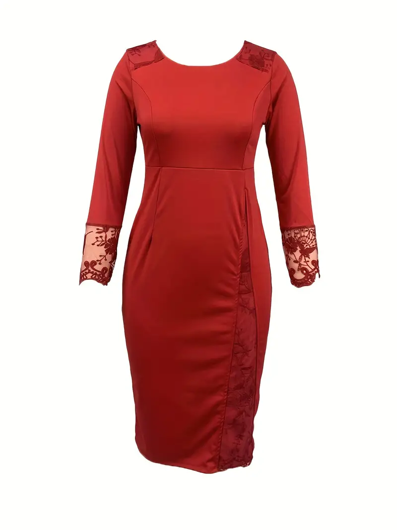 Lace Solid Elegant Pencil Dress, Long Sleeve Casual Fall & Spring Every ...