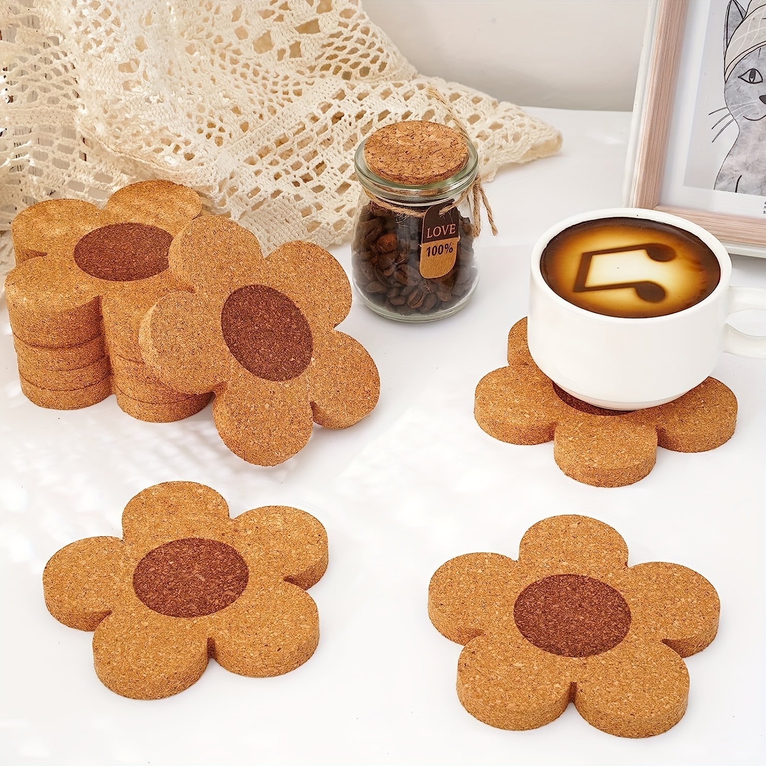 4pcs Flower-Shaped Thick Cork Coasters - Absorbent, Heat-Resistant & Perfect for Drinks, Wine Glasses, Cups & Mugs