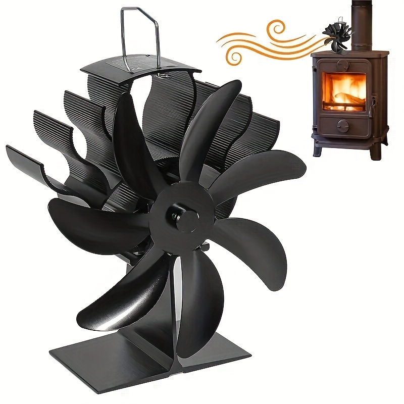 Wood Stove Fan, Pipe Fireplace Fan with Magnetic Thermometer, 6 Blades  Stove Fan on Chimney, Silent Motors, Push Horizontal Air Flow, Heat Powered