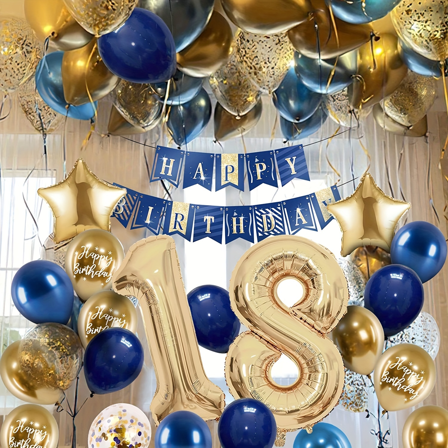 6 globos de 1 año, azul pastel, blanco y dorado.