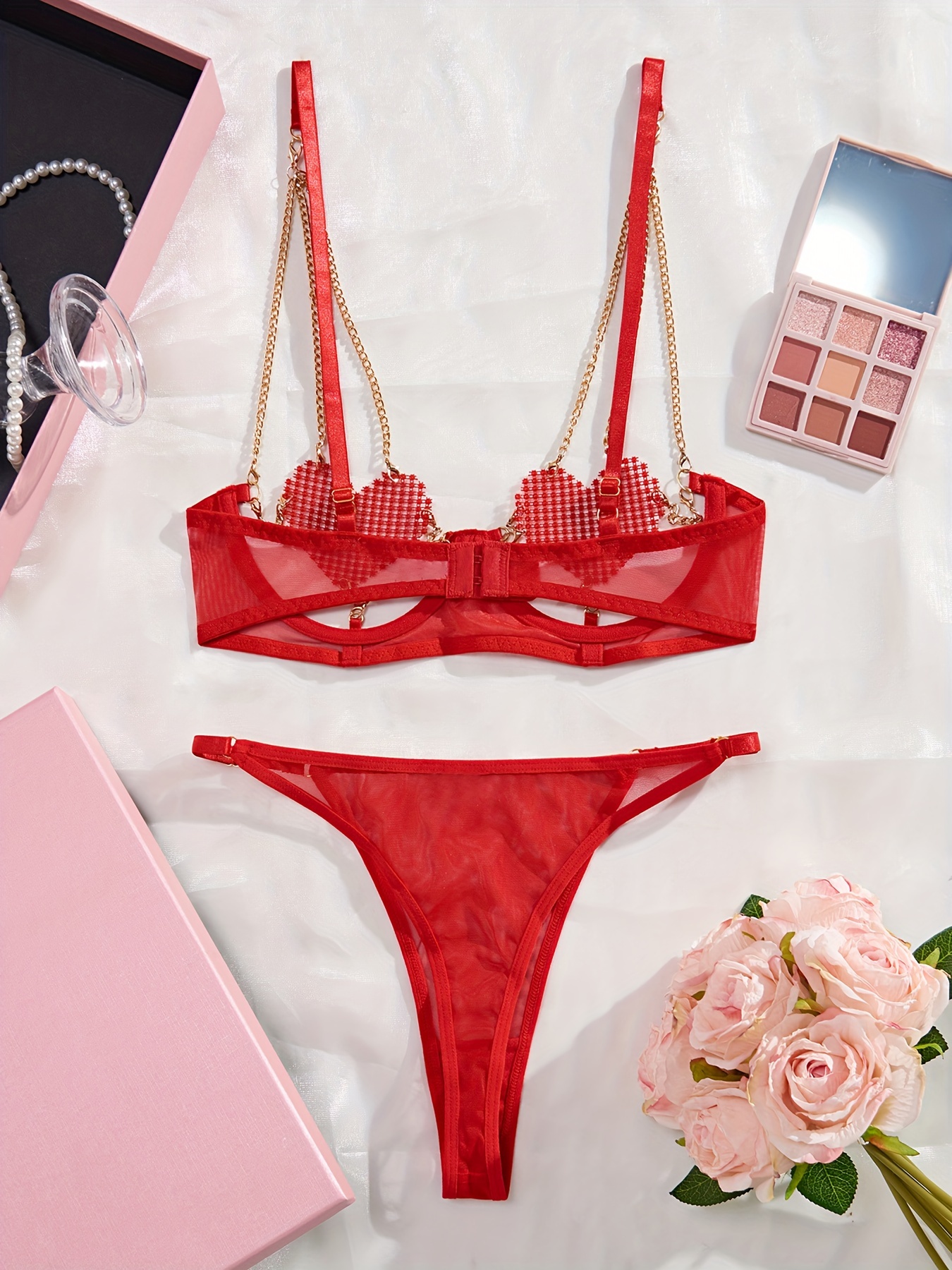 Heart Pattern Lingerie Set, Cut Out Bra & Thong, Women's Sexy Lingerie &  Underwear