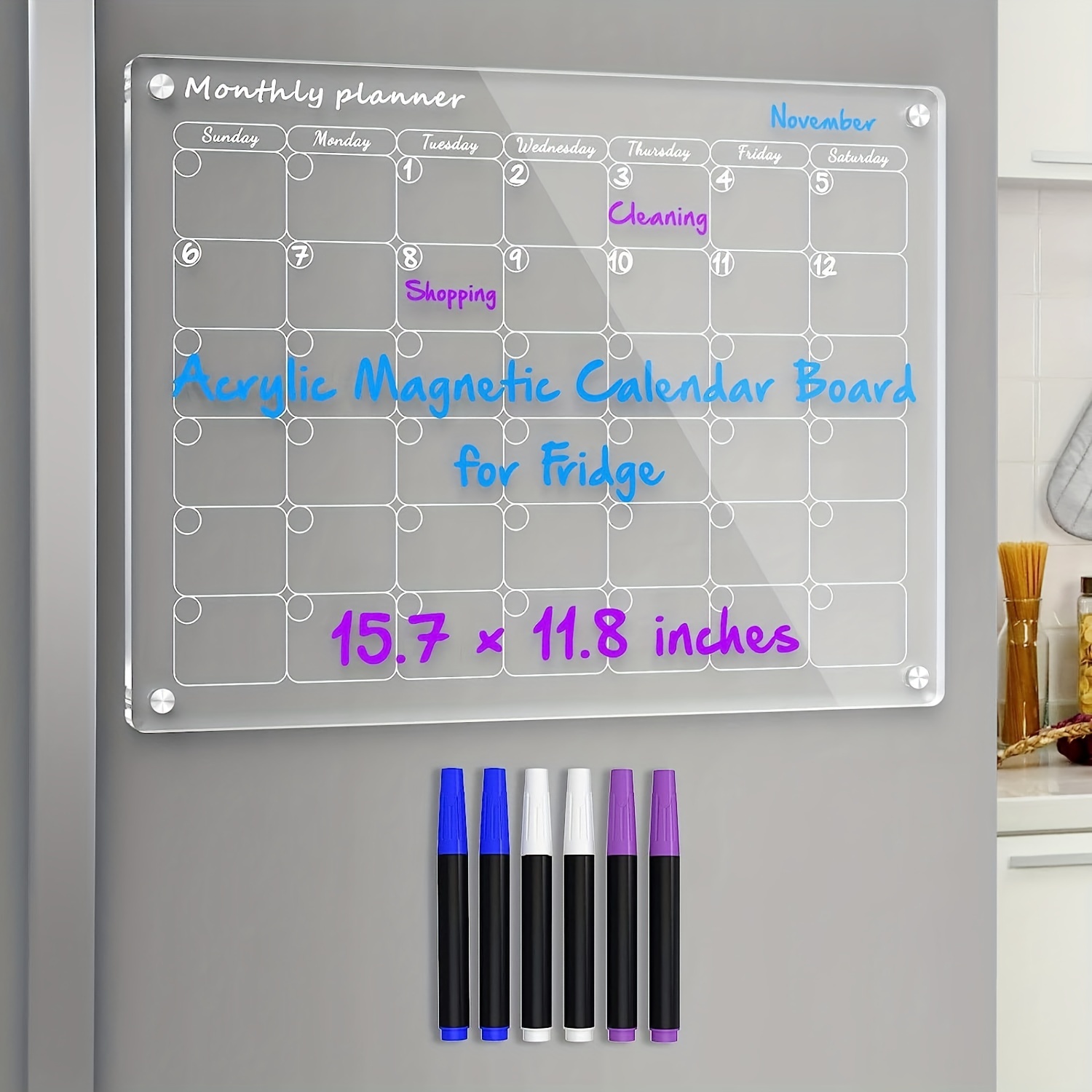  Magnetic Calendar for Fridge, Monthly and Memo Acrylic  Calendar for Fridge, 16x12 Clear Fridge Calendar Dry Erase Magnetic Board  for Refrigerator, Includes 6 Dry Erase Markers with 6 Colors 