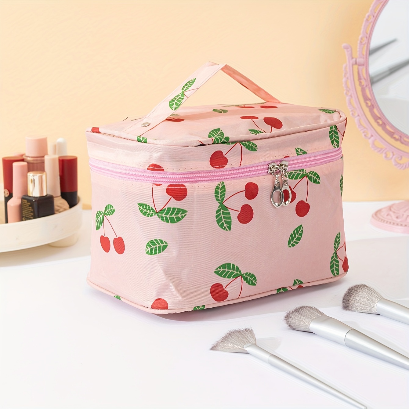 

Makeup Bag Travel Portable Cosmetic Storage Bag Make Up Organizer Bag With Mesh Pocket Waterproof Large Capacity Toiletry Storage Bags Cute For Women And Girls, Cherry Pattern