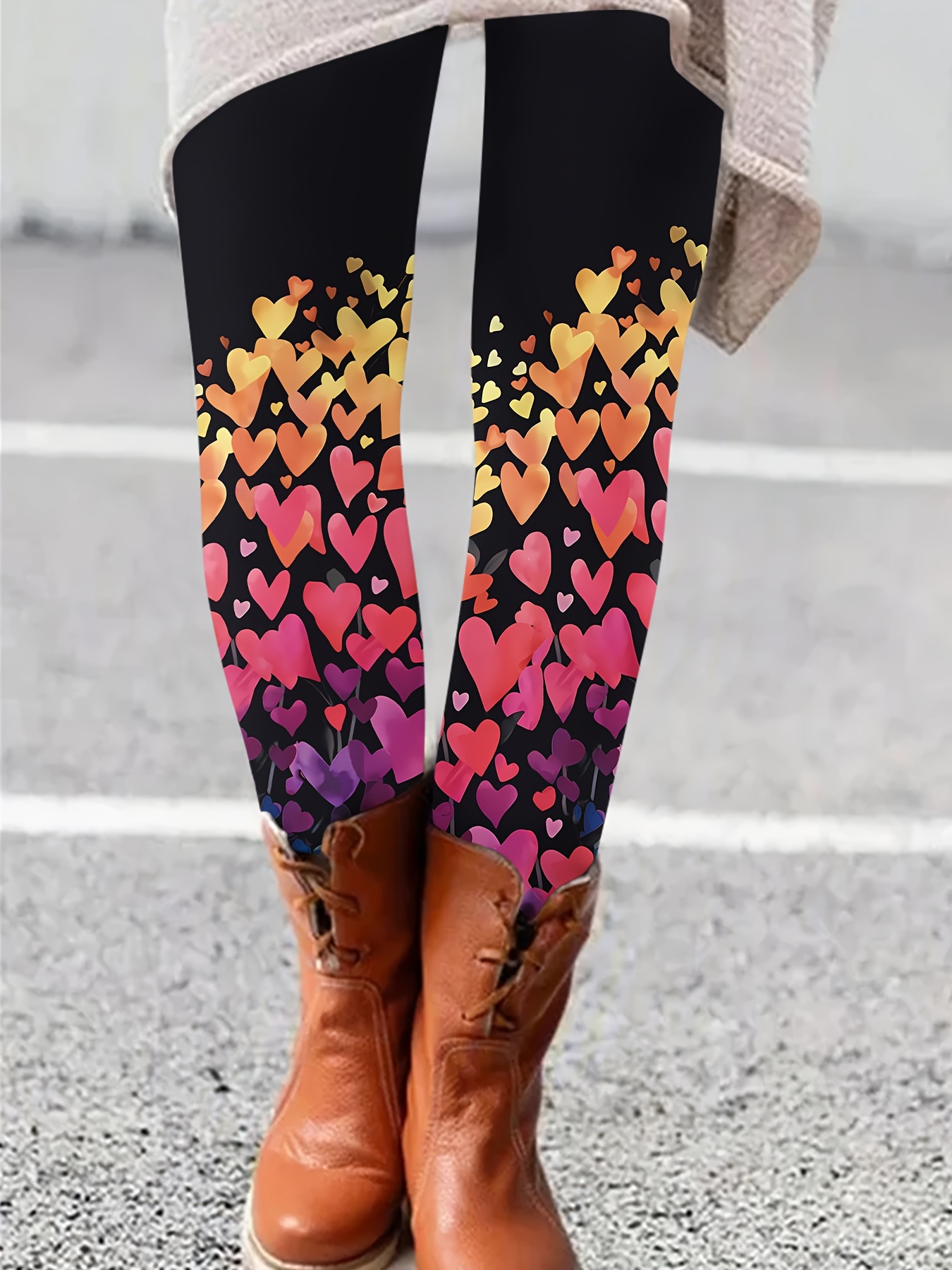 Heart Print Skinny Leggings Casual Elastic Waist Stretchy - Temu Canada