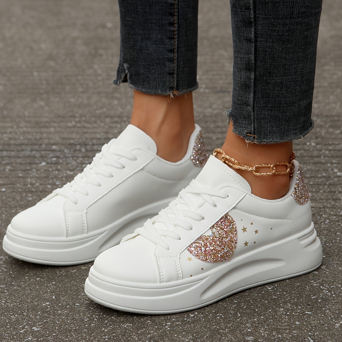 Solid Color Sequins Sneakers, Women's Glitter Decor Stylish Lace Up Lightweight Sport Sneakers,Women Tennis Shoes,Temu