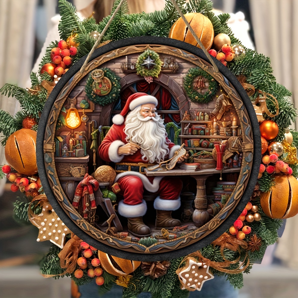 

1pc, Santa Wreath Sign, Wooden Wreath Sign, Round Wreath Sign,(8x8 Inch/20x20 Cm), Door Decor, Christmas Decor, Christmas Decor Spplies, Home Decor, Holiday Decor, Room Decor