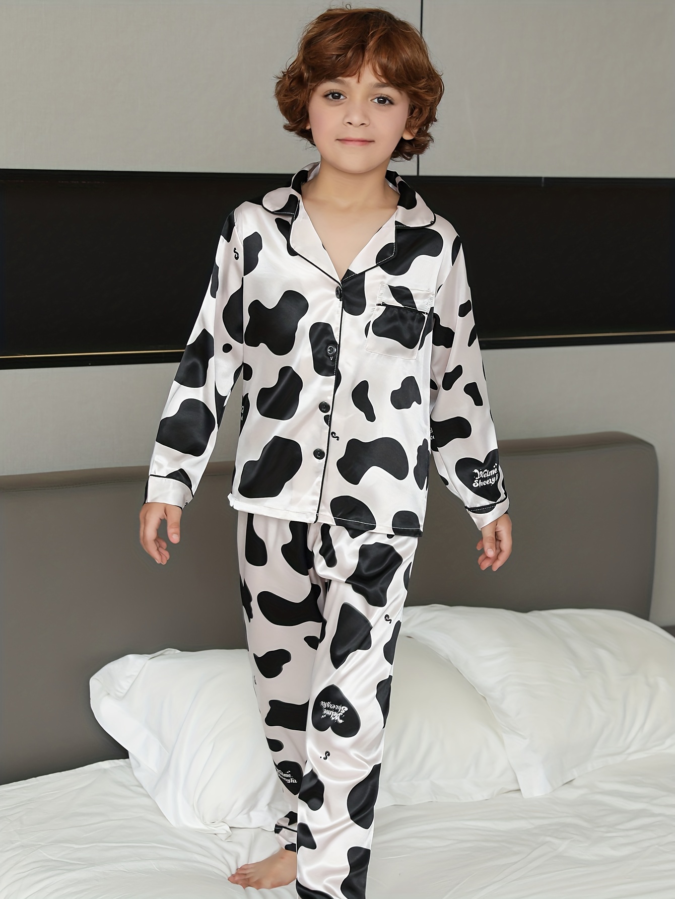 Teen Boys Pajama Sets Allover Cute Cow Pattern Lapel Front - Temu