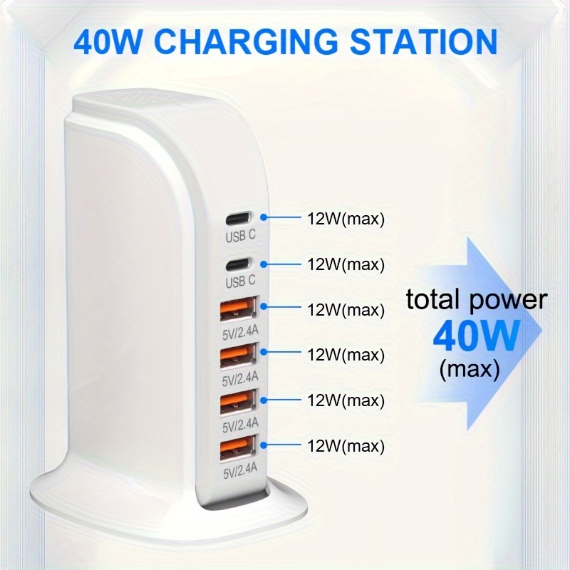 Estación de carga USB múltiple de 40 W, estación de carga USB de 6 puertos  con tecnología de detección automática, torre de cargador multipuerto USB