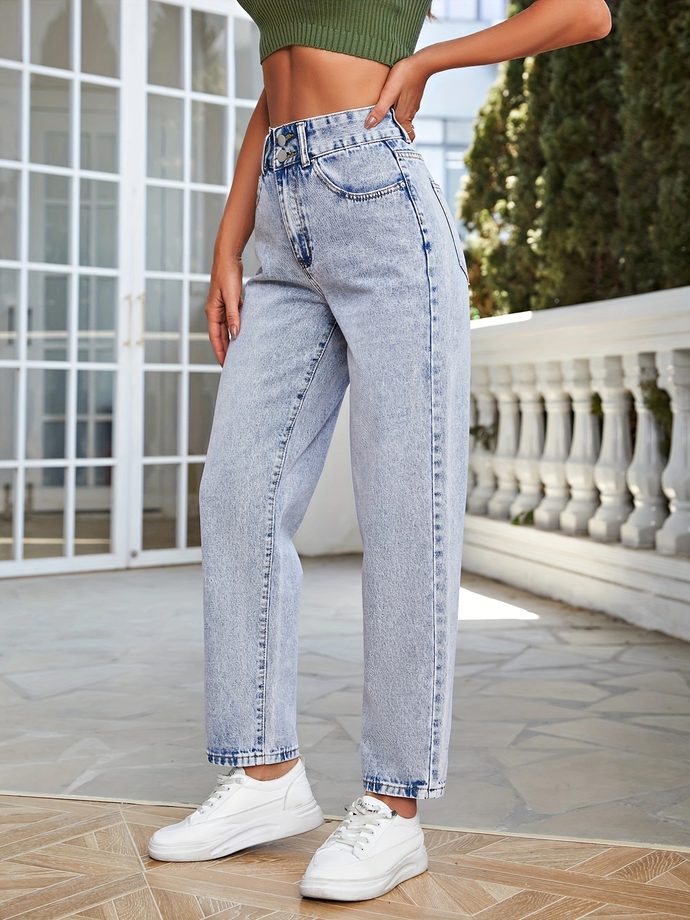 Double Button High Mom Jeans Light Washed Blue Slash - Temu Canada