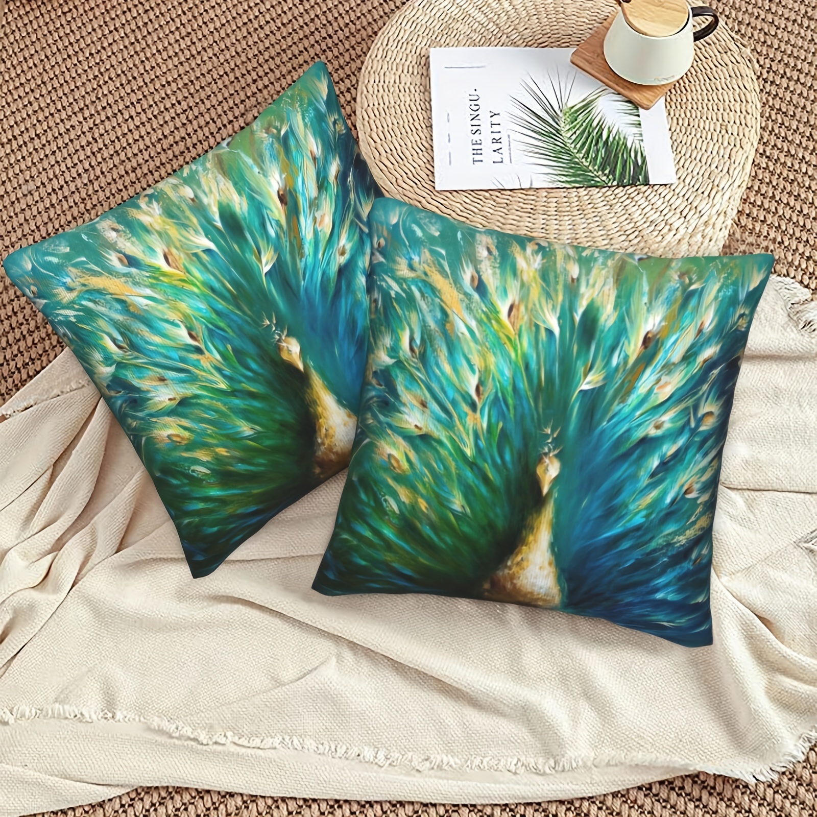 Short Plush Color Peacock Green Throw Pillow Covers Temu