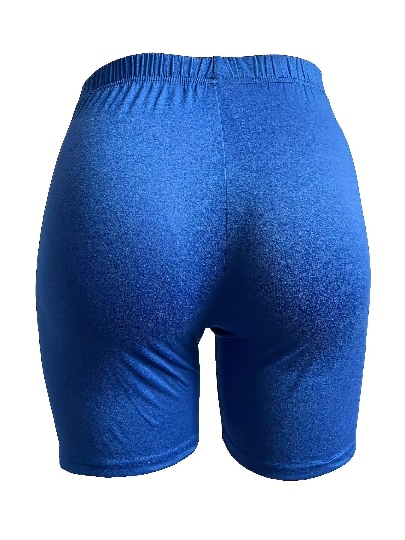 Plus Size - Women'S Plus-Size High-Waisted Shorts - Stretchy, Solid Blue, Mid-Thigh Length, Casual Leggings, Comfortable Apparel|Casual Style Shorts|Stretchy Fabric Shorts