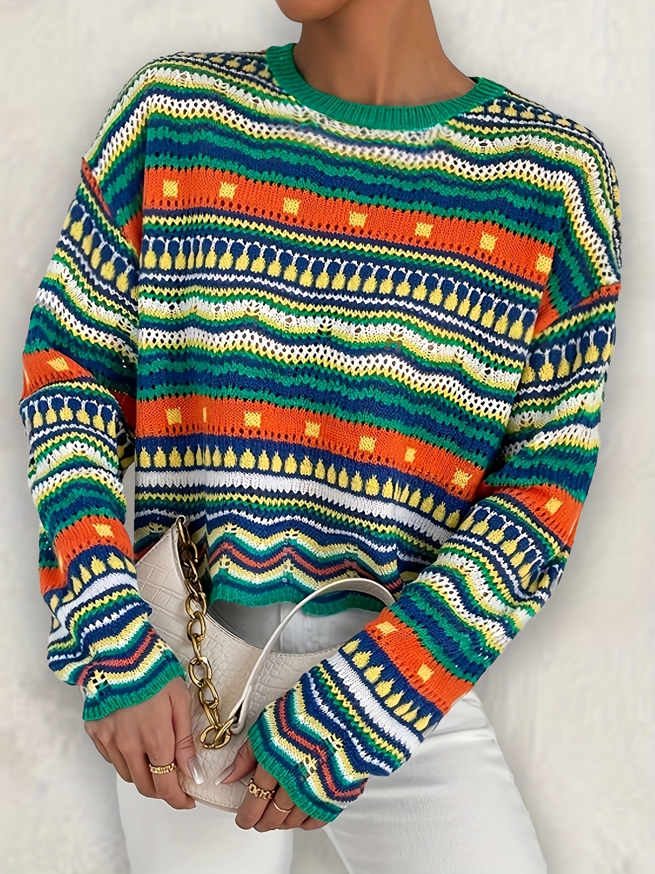 Ethnic Print Eyelet Knit Sweater Casual Crew Neck Long Sleeve Sweater