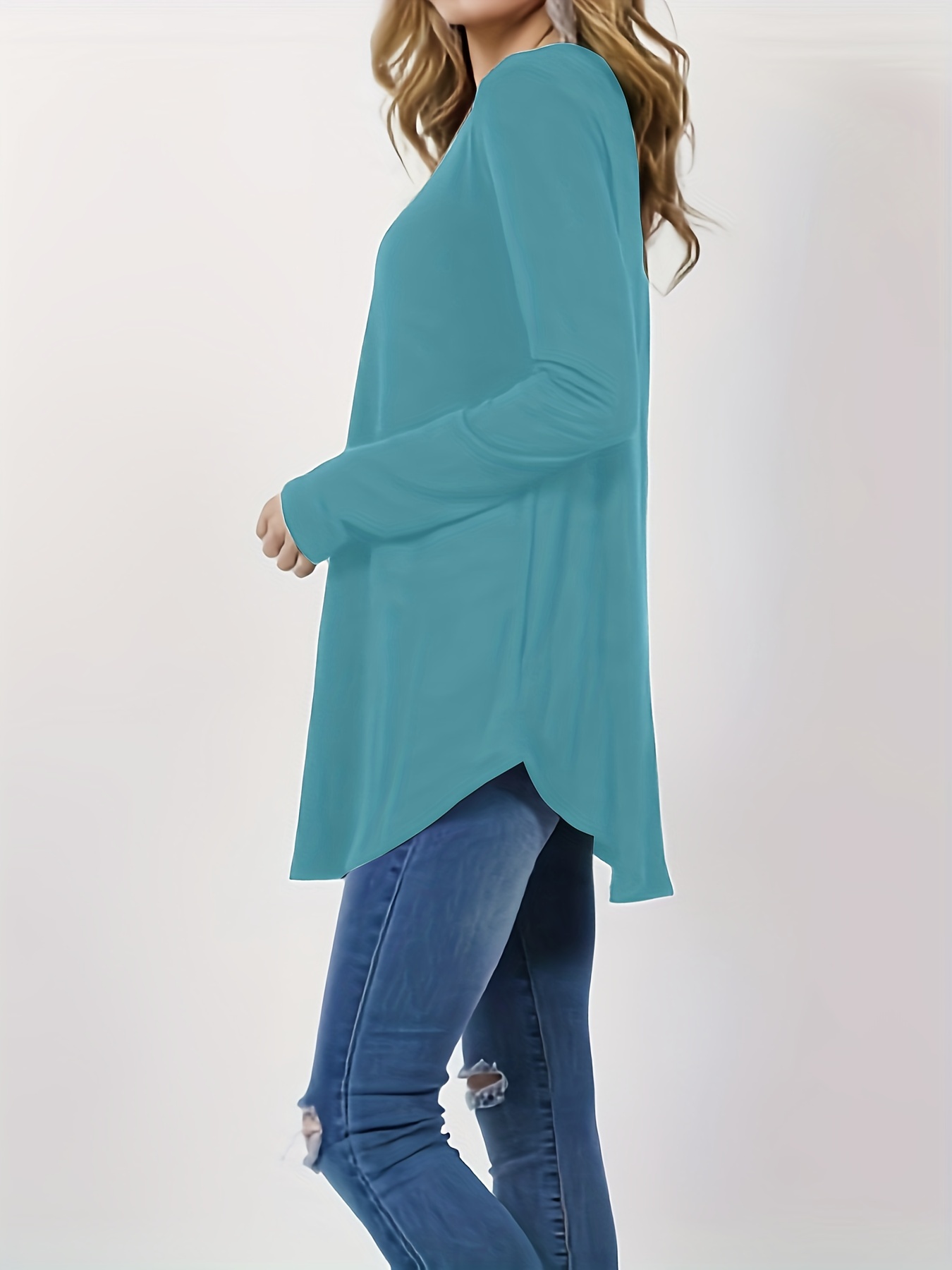 Solid Curved Hem Long Length Top Casual Long Sleeve Top - Temu