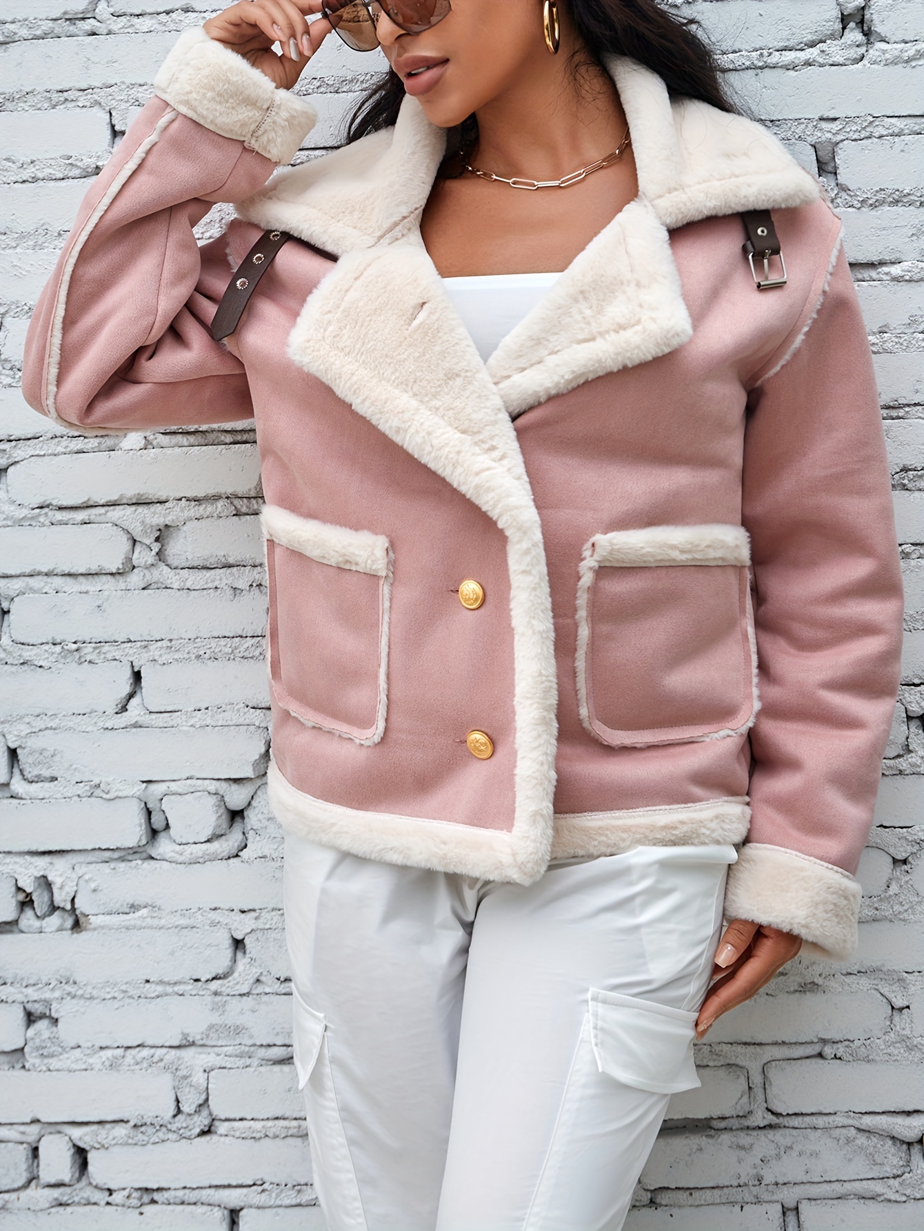 lapel plush jacket winter warm casual outwear womens clothing pink 3