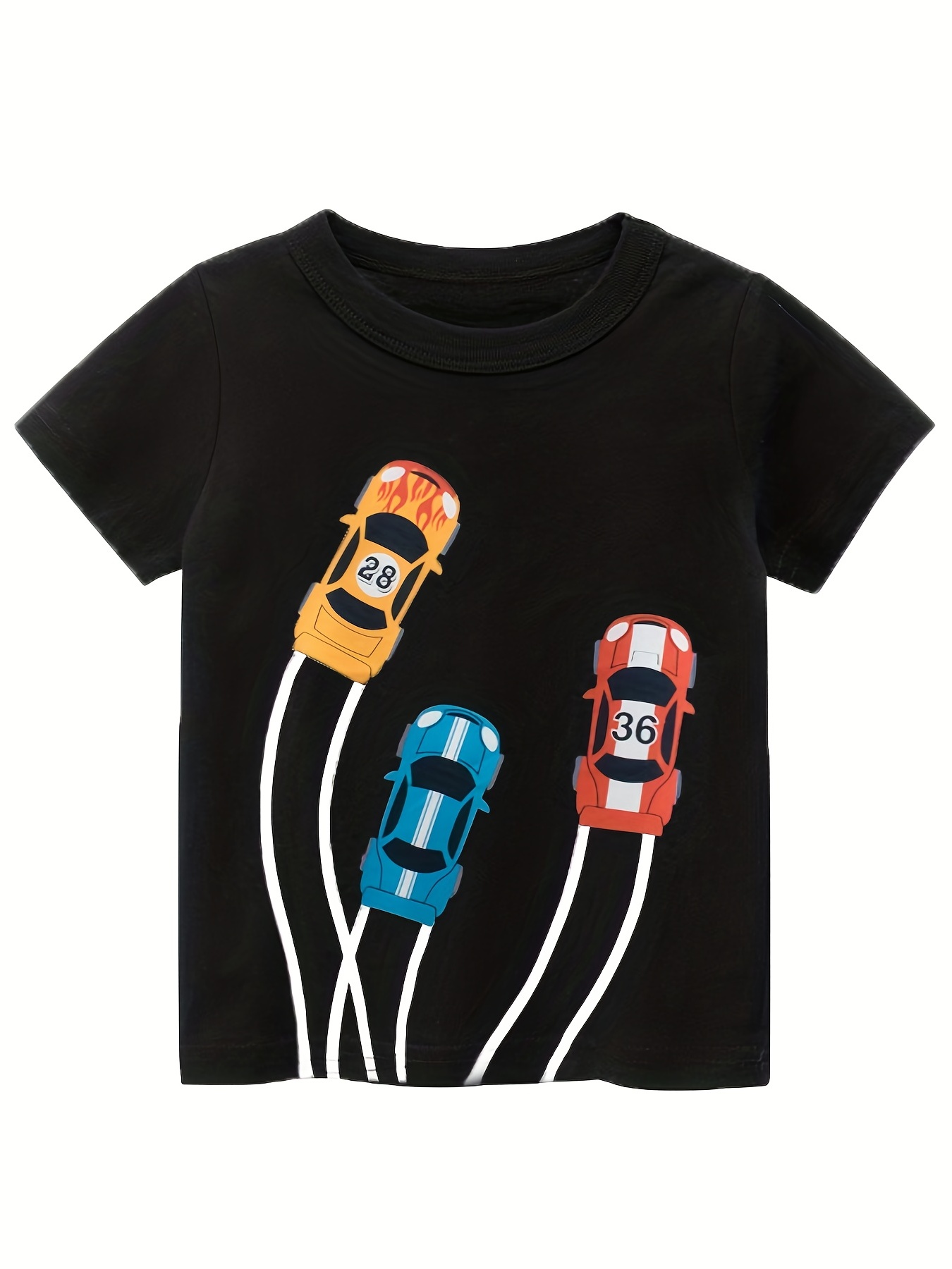 Boys Cartoon Cars Print Casual Short Sleeve Crew Neck Pull On Tops