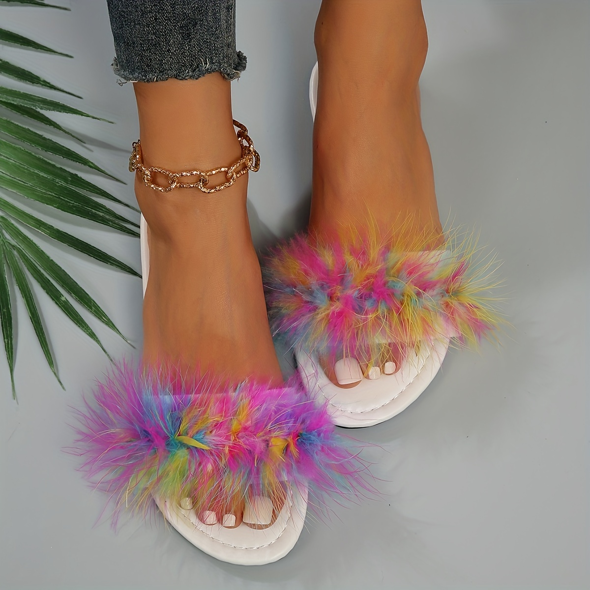 Women's Solid Color Slide Sandals, Casual Faux Fur Decor Flat Summer Shoes,  Lightweight Slide Sandals - Temu United Arab Emirates